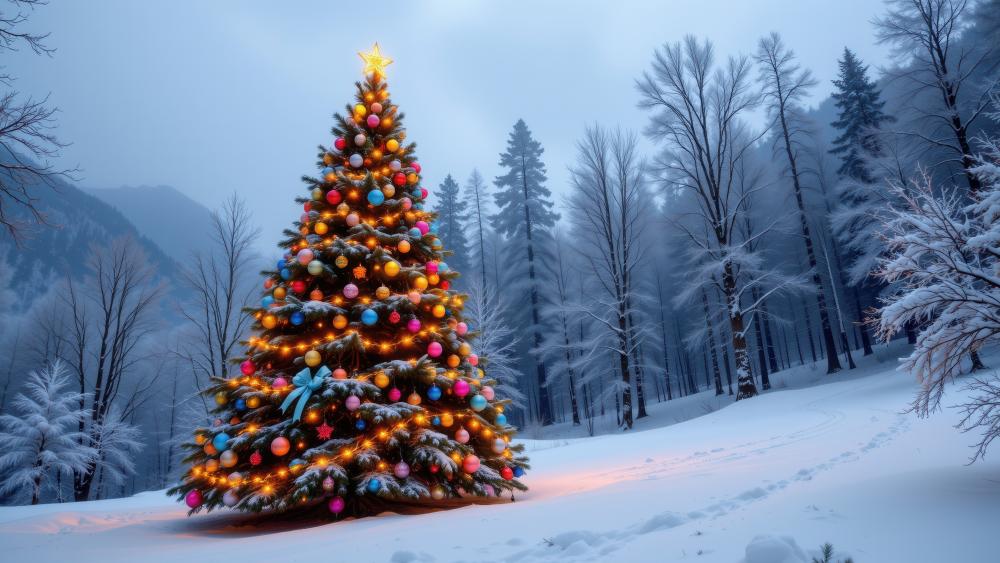 Festive Christmas Tree in a Winter Wonderland wallpaper