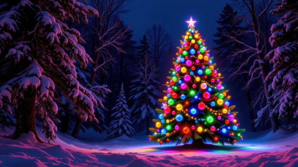 Festive Glow of a Christmas Tree in Winter Night Scene wallpaper