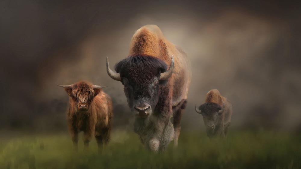 Majestic Herd of Bison in Misty Landscape wallpaper