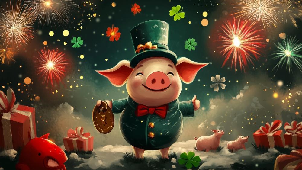 Cheerful Pig's Festive New Year Celebration wallpaper