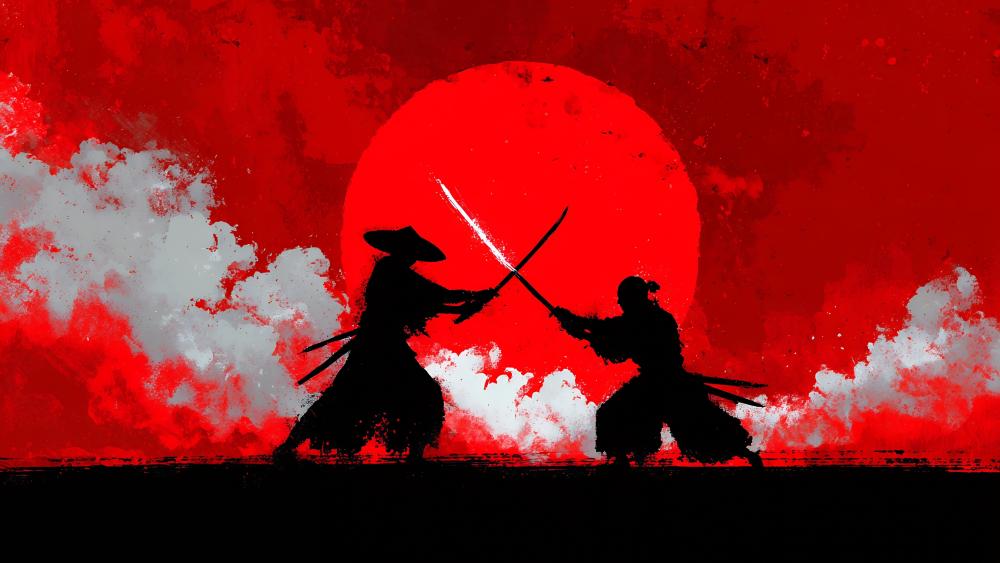 Samurai Shadows Clash Under Crimson Moon wallpaper
