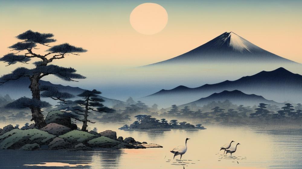 Peaceful Japan Landscape with Mount Fuji and Cranes wallpaper