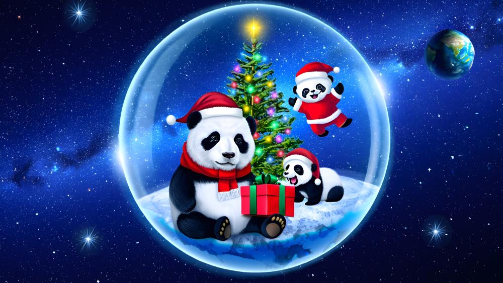 Festive Pandas Celebrating Christmas Cheerfully wallpaper