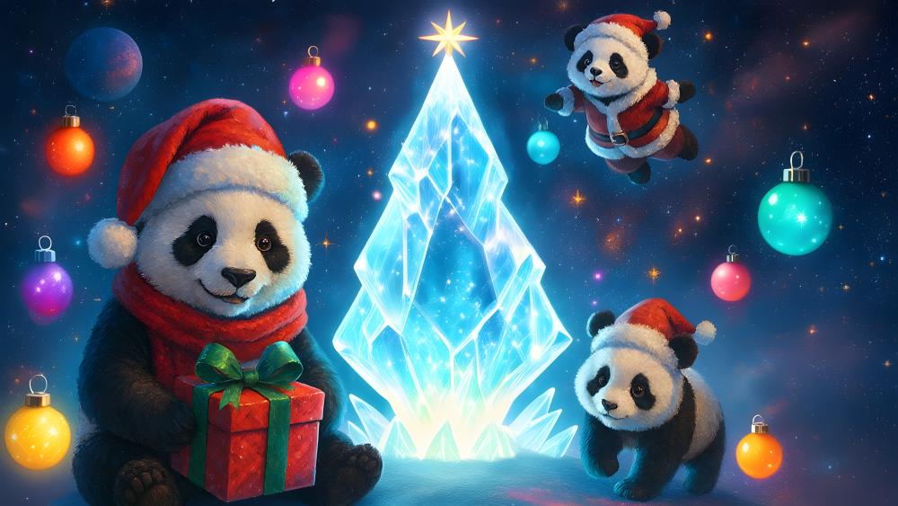 Festive Pandas Celebrating Christmas Cheerfully wallpaper