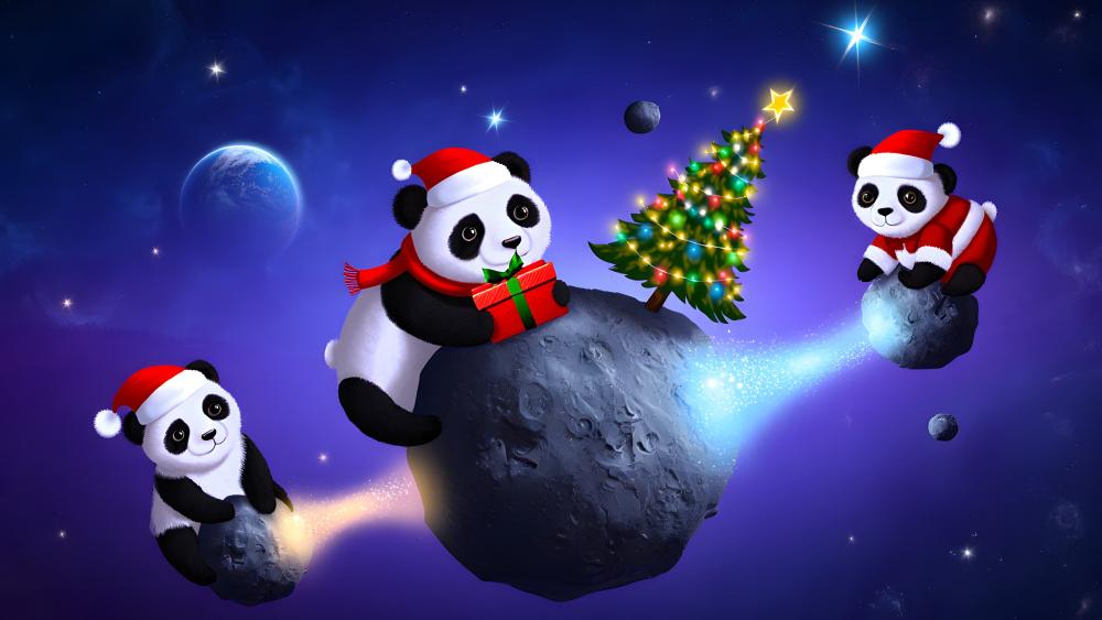 Pandas Celebrating Christmas in Space wallpaper