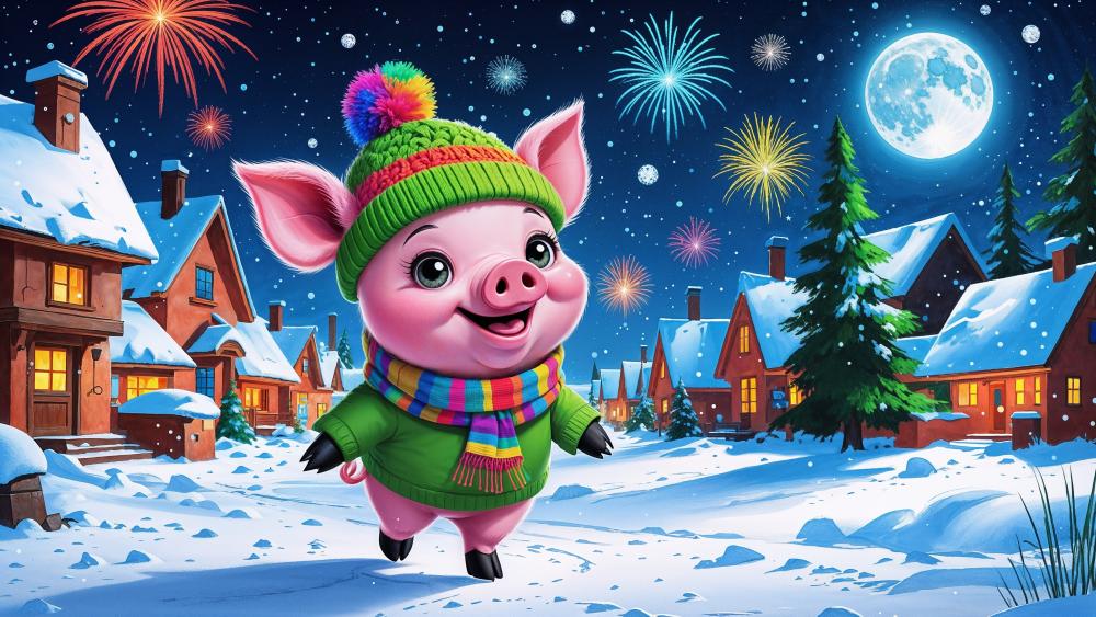 Festive Piggy's New Year Ice Skating Adventure wallpaper