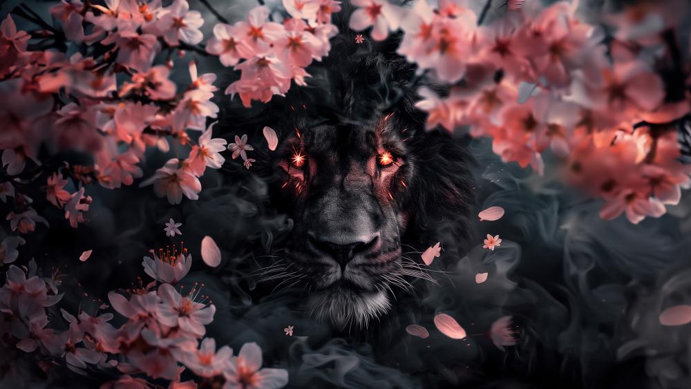 Mystical Lion in Sakura Blossom Realm wallpaper