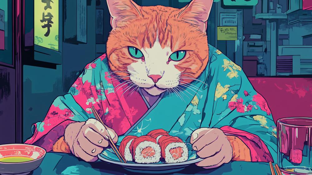 Sushi Cat's Delight in a Vibrant Kimono Setting wallpaper