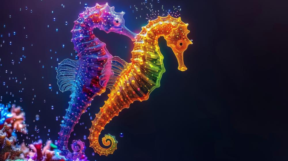 Vibrant Seahorses in Neon Underwater Wonderland wallpaper