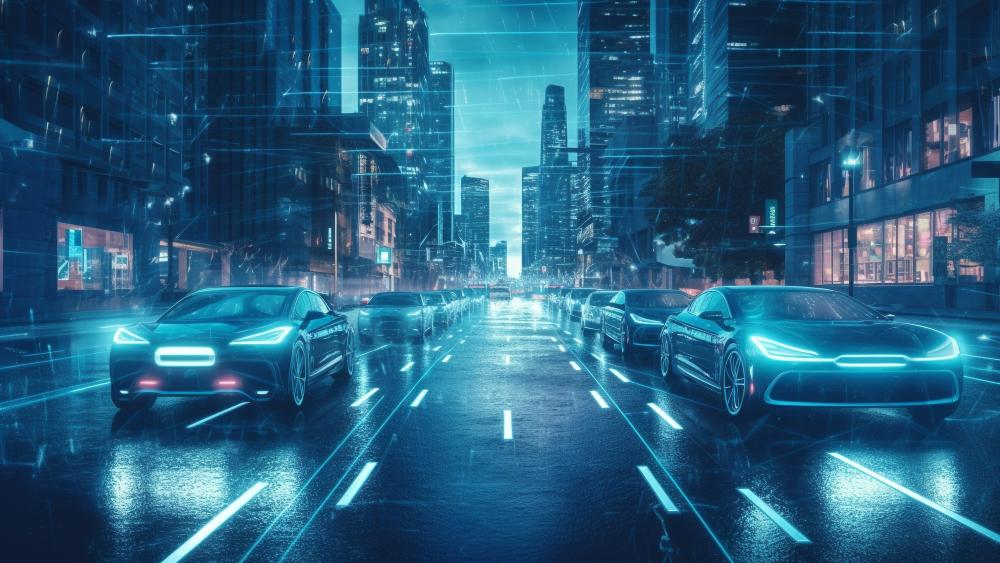Dynamic Cityscape with Futuristic Vehicles and Neon Glows wallpaper