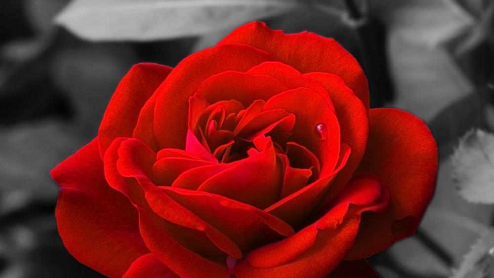 Vibrant Red Rose Against a Monochrome Background wallpaper