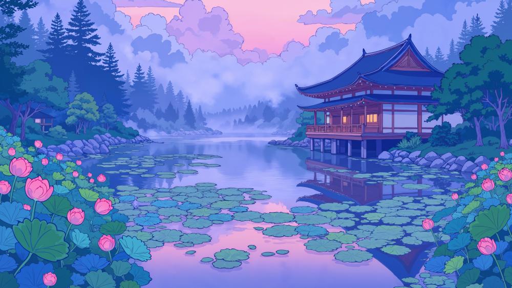 Anime Serenity Lake with Pagoda wallpaper