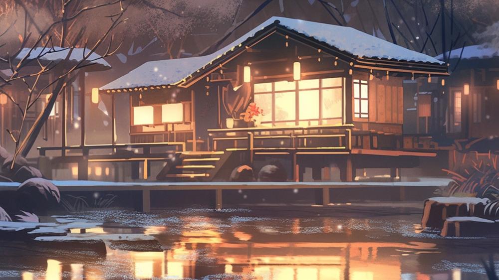 Winter Tranquility: A Serene Anime Cottage Scene wallpaper