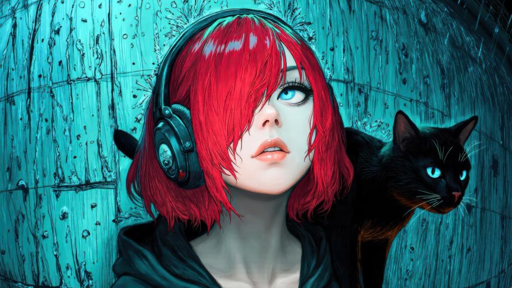 Vibrant Anime Girl with Cat in Neon Colors wallpaper
