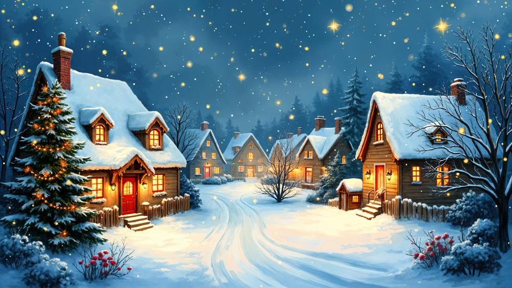 Cozy Winter Wonderland in a Snowy Village Scene wallpaper