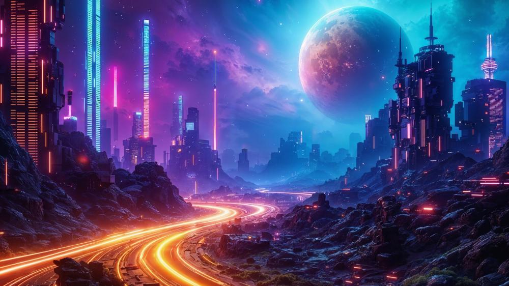 Vibrant Neon City Under a Futuristic Sky wallpaper