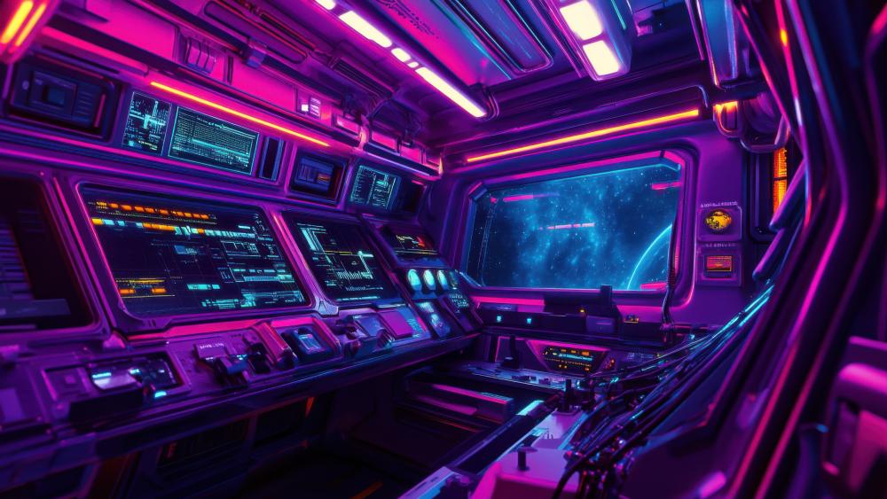 Spaceship Control Room in Neon Glow wallpaper