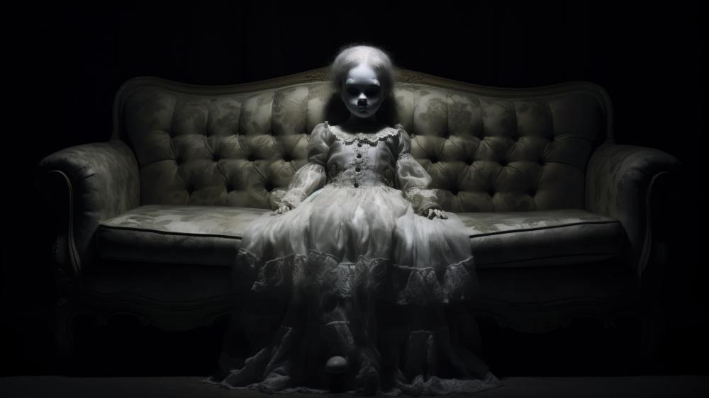 Eerie Doll on a Shadowy Sofa Wall Art wallpaper