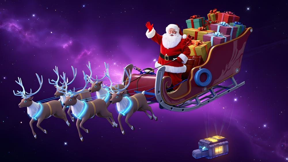 Santa Soars Through Cosmic Night With Neon Reindeer and Gifts wallpaper