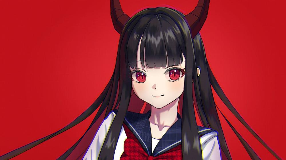 Crimson Horned Schoolgirl Anime Portrait with Striking Red Eyes wallpaper