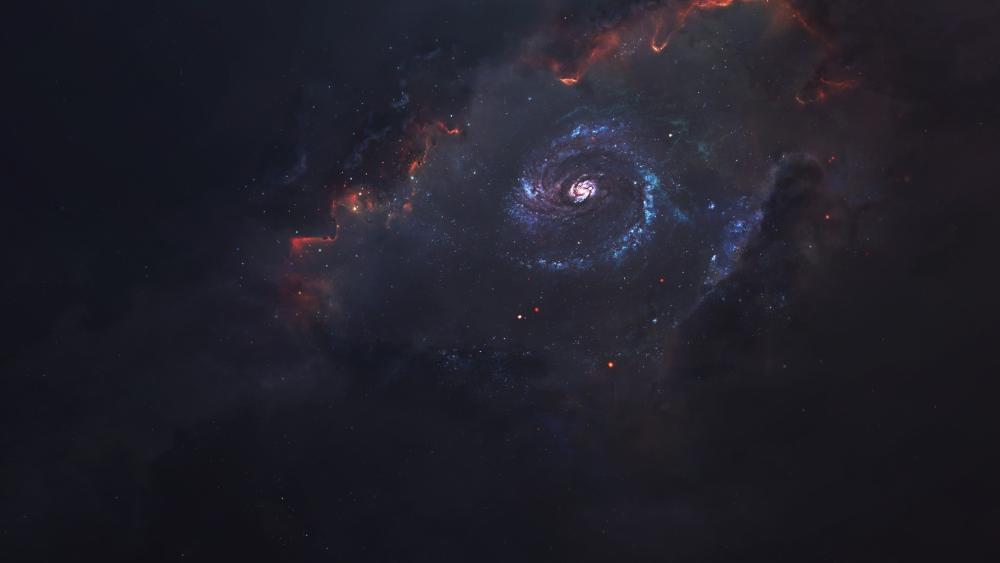 Heart of a Spiral Galaxy Drifting Through Crimson Nebula Shadows wallpaper