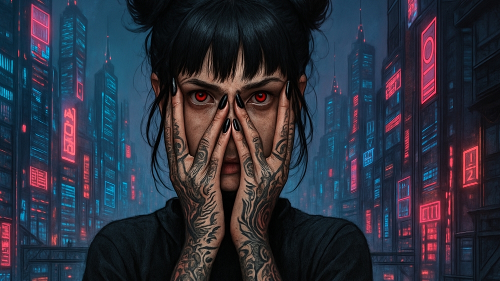 Neon Dystopia Gaze in a Rainy Cyberpunk City wallpaper
