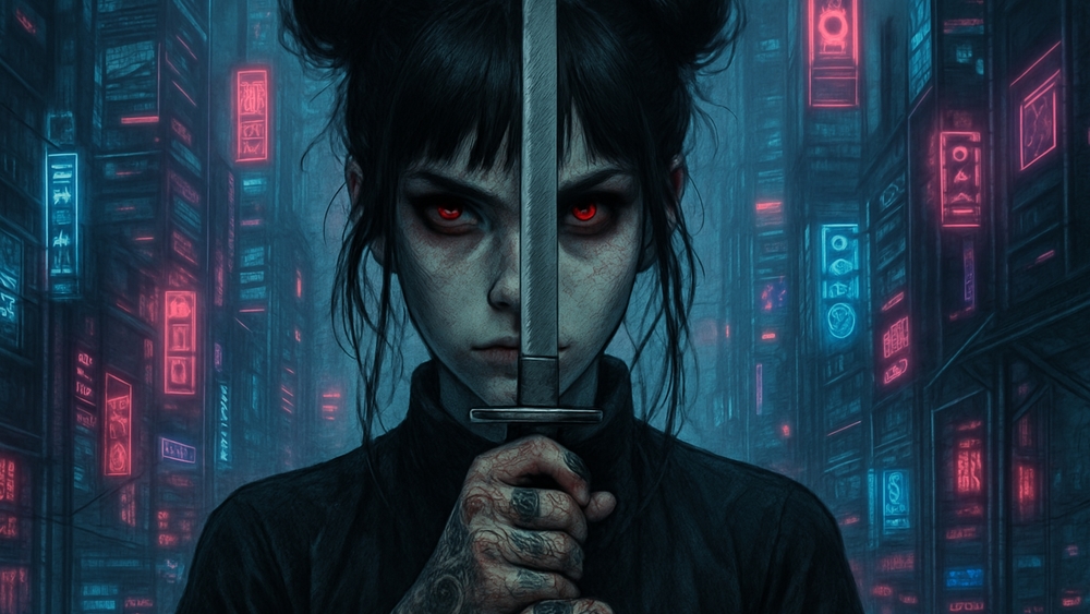 Neon Blade Sentinel Under Rainlit Cyberpunk Signs wallpaper