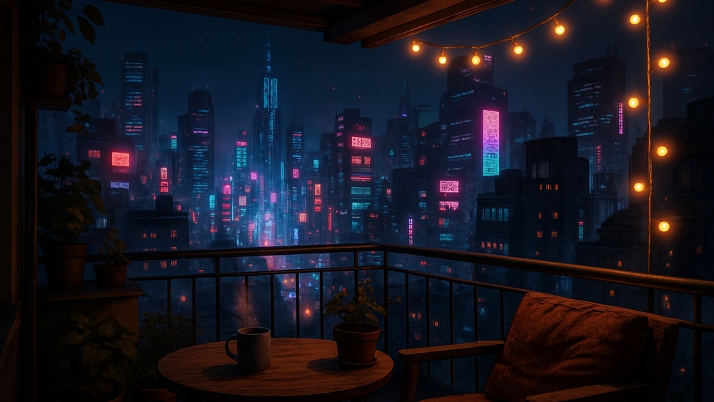 Neon Night Cityscape From a Cozy Balcony Dreamscape wallpaper