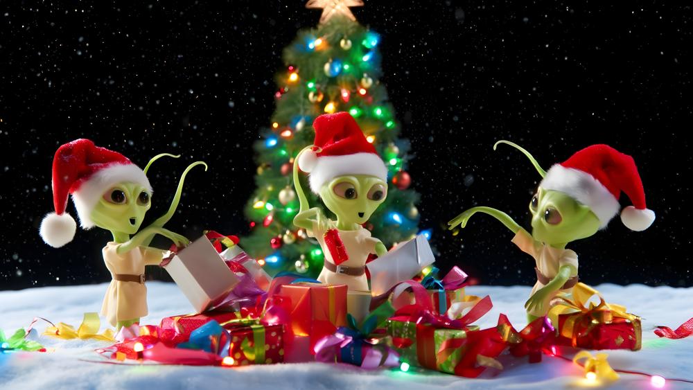 Galactic Christmas Cheer with Santa Hat Aliens and Twinkling Gifts wallpaper
