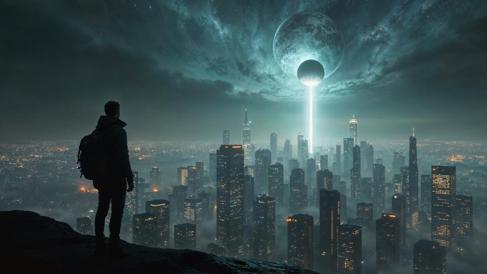 Watcher Above the Neon Skyline at Dusk wallpaper