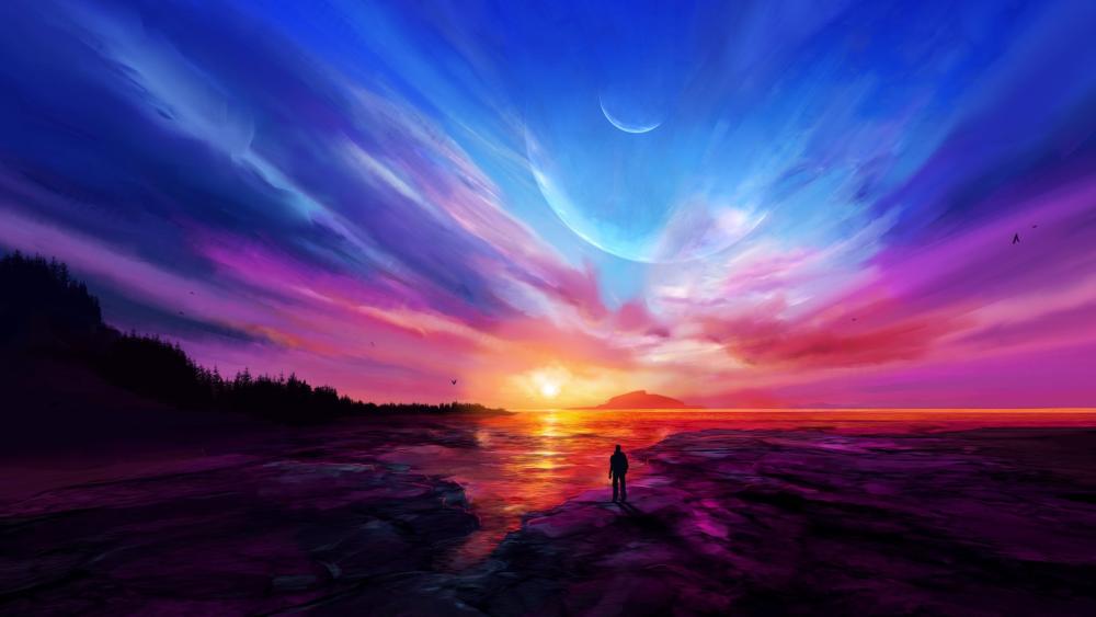Lone Wanderer Beneath Twin Moons at the Neon Horizon wallpaper