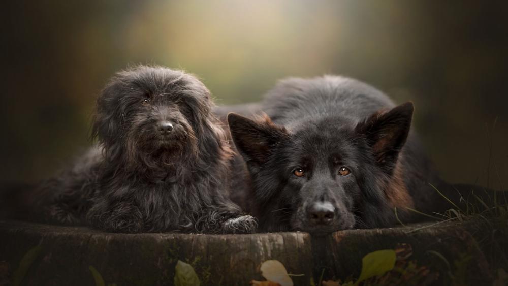 Quiet Companions Two Black Dogs Resting in Soft Autumn Light wallpaper