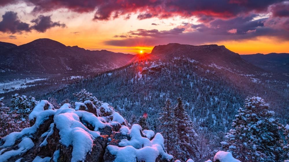 Sunset Glow Over Snowy Evergreen Mountain Forest wallpaper