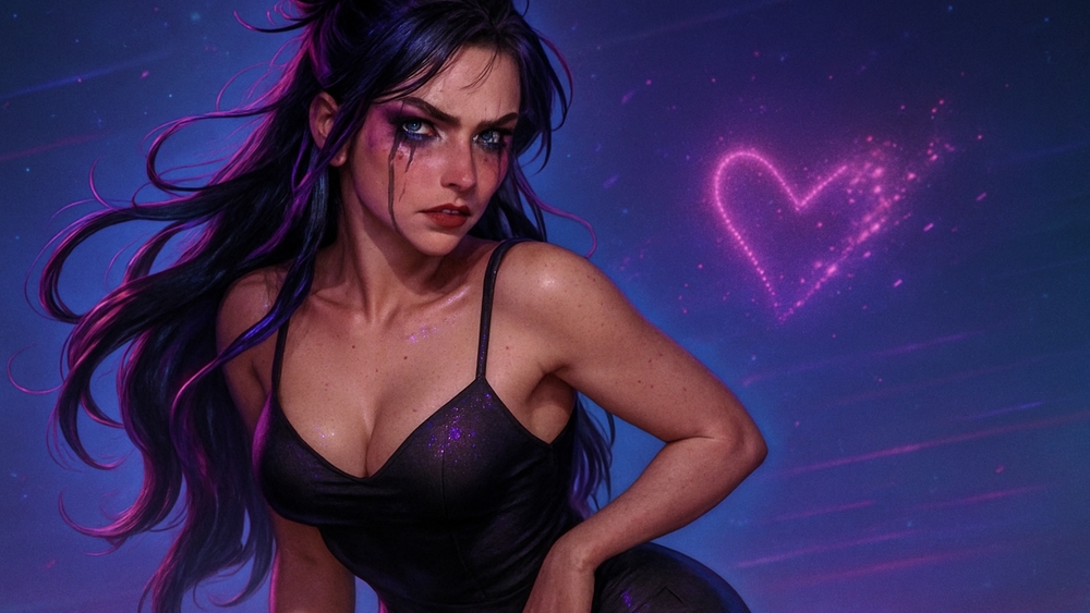 Midnight Enchantress with Neon Heart Glow Fantasy Wallpaper wallpaper