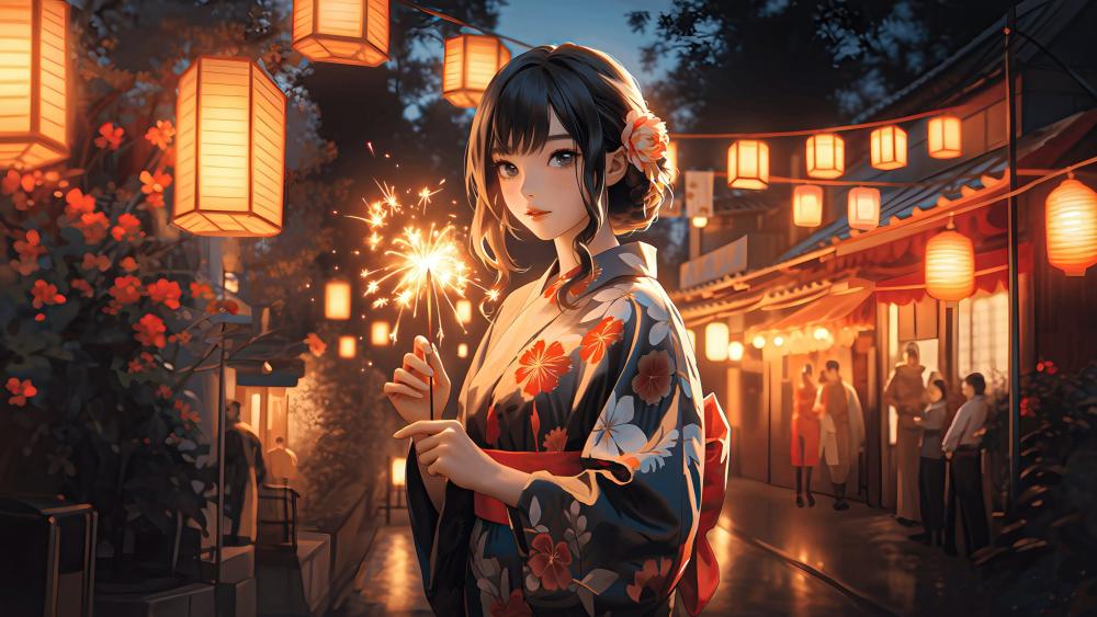 Lantern Lit Festival Night With Kimono Anime Girl Sparkler wallpaper