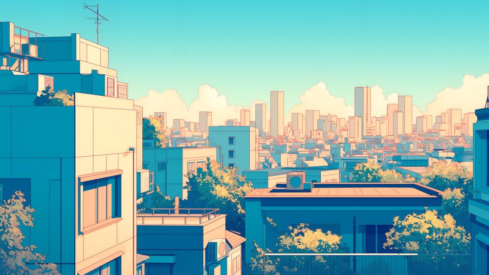 Aesthetic Anime Morning Cityscape in Retro Pastel 4K wallpaper