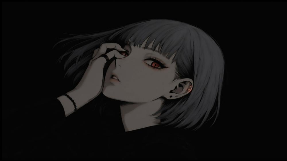 Grey Haired Anime Girl in Shadowed Black Minimalist Night Mood wallpaper