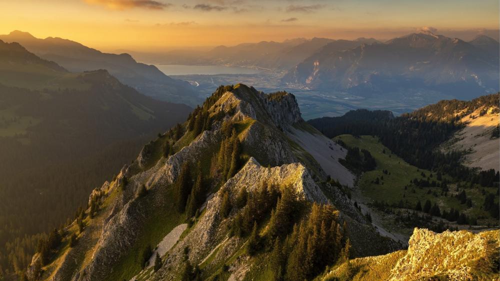 Golden Ridge Sunrise Over Pointe de Bellevue Switzerland wallpaper