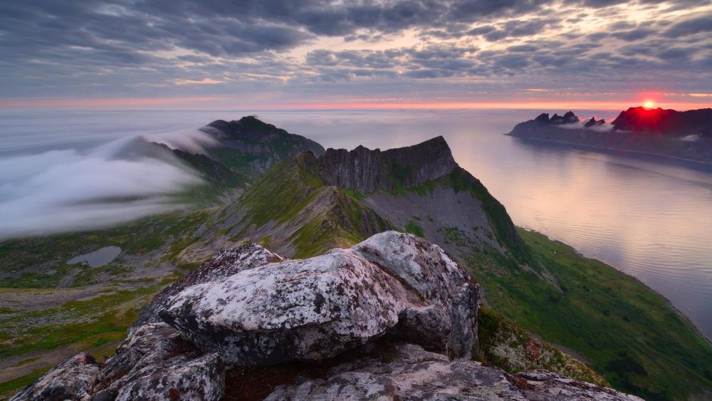 Misty Sunrise Over Senja Fjords and Jagged Mountain Ridges wallpaper