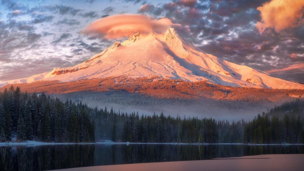 Winter Sunrise Over Mount Hood at Trillium Lake Oregon wallpaper