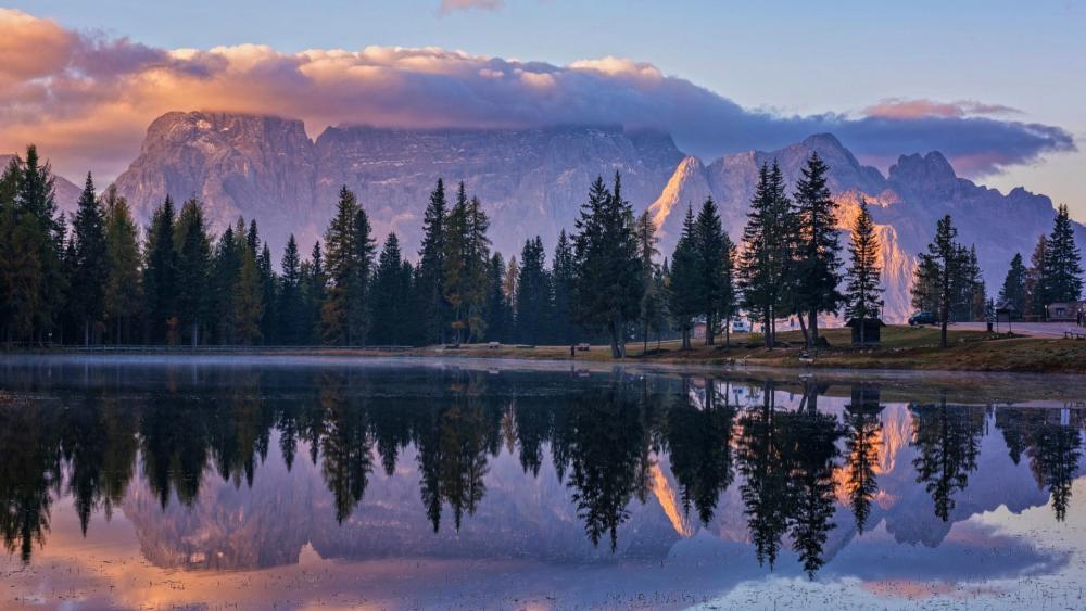 Alpine Dawn Reflections at Lago Antorno in the Dolomites wallpaper