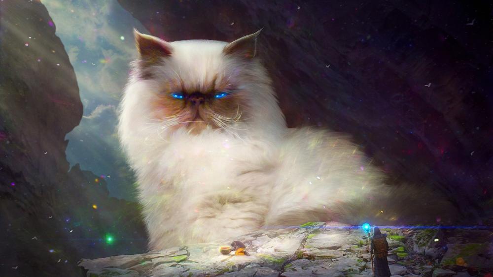 Cosmic Giant Grumpy Cat With Glowing Eyes wallpaper