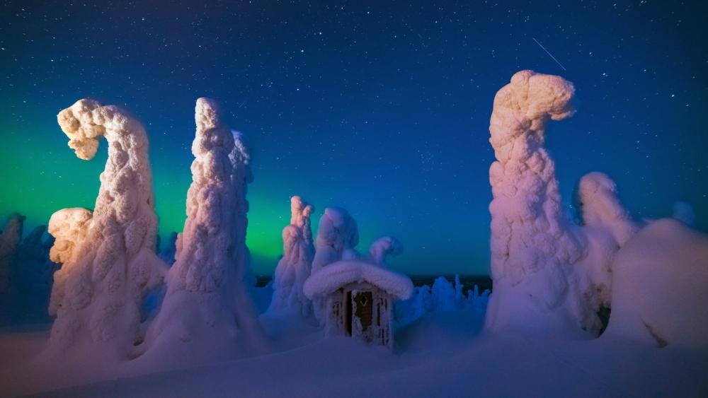 Aurora Over Snowy Lapland Cabin and Frosted Pines wallpaper
