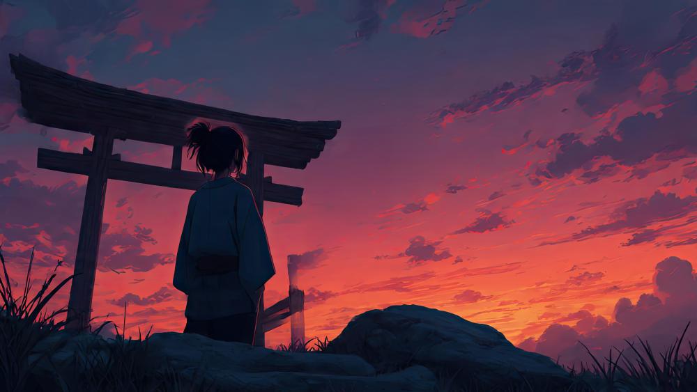 Silent Torii Afterglow with Anime Girl Under a Crimson Sunset Sky wallpaper