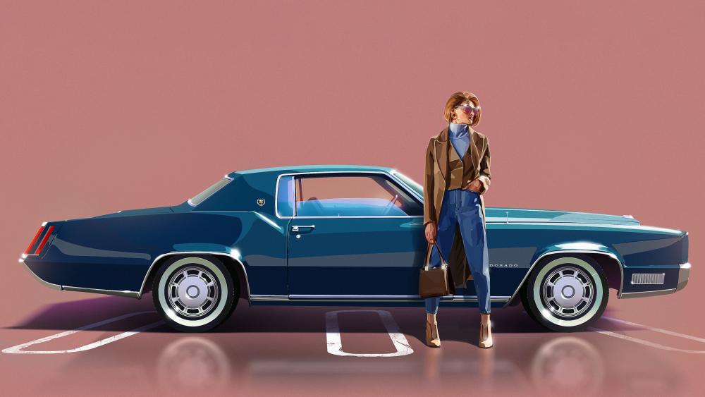 Anime Styled Cadillac Eldorado Elegance in Retro Parking Glow wallpaper