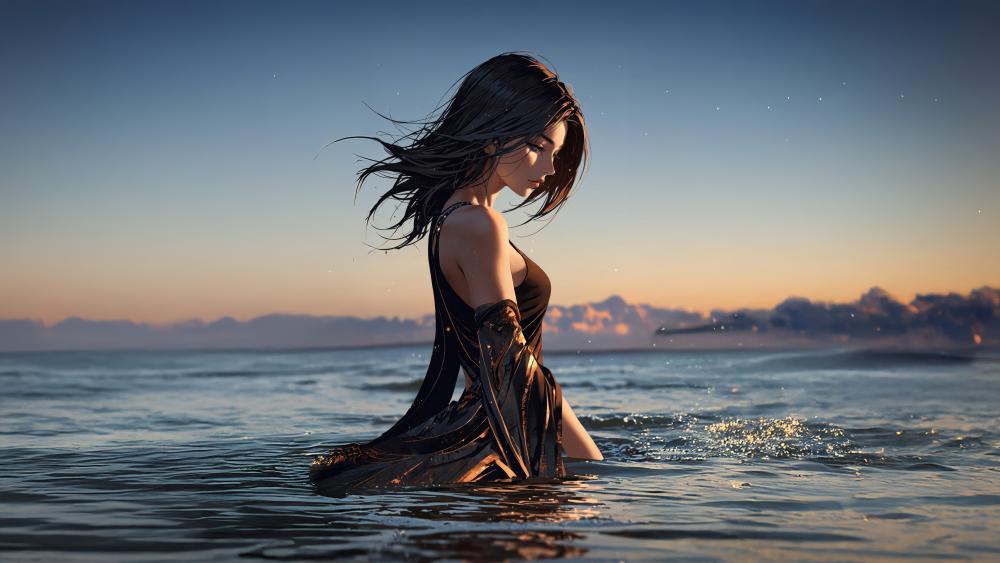 Twilight Ocean Reverie Anime Girl in Shimmering Waves wallpaper