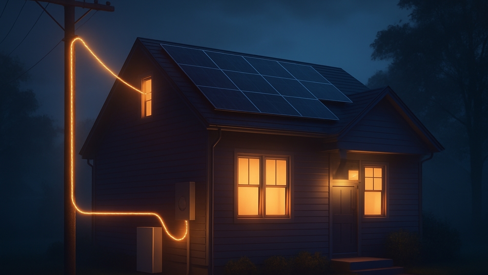 Glowing Power Line Night House in Misty Suburban Cityscape wallpaper