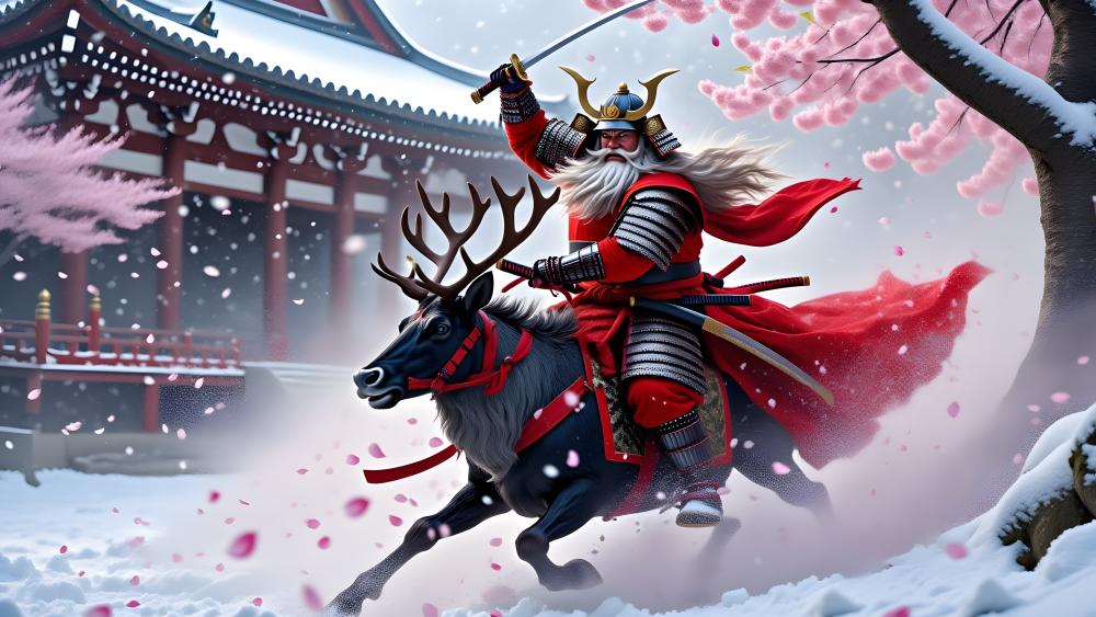 Santa Samurai Rides a Battle Reindeer Through Snowy Cherry Blossoms wallpaper