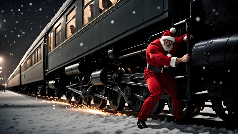 Superhero Santa Braces a Runaway Train Through a Snowy Night wallpaper