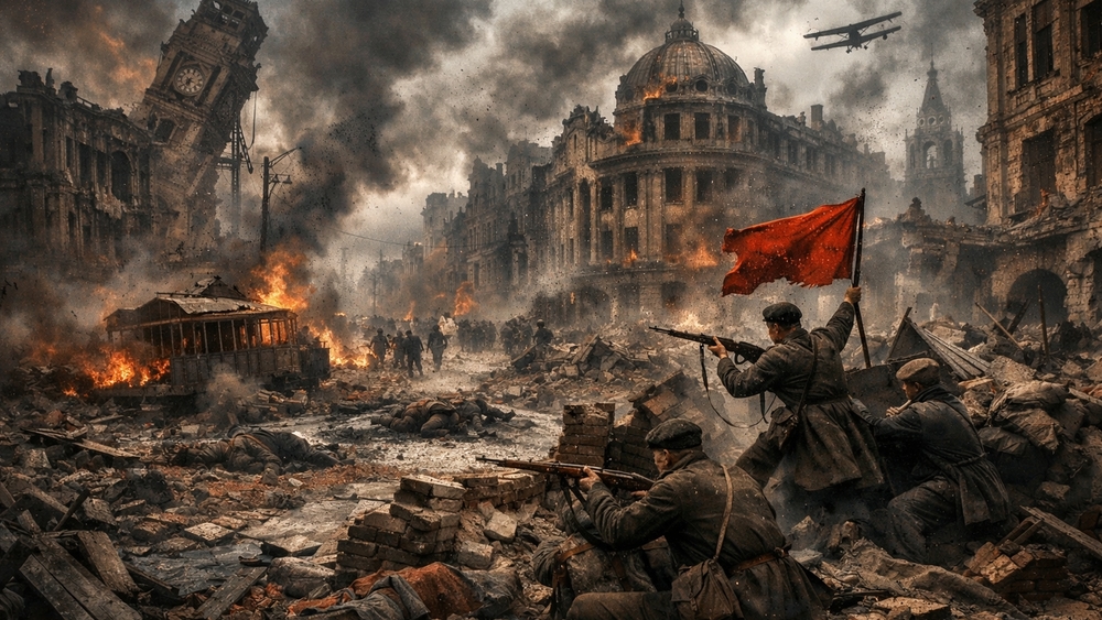 Red Flag Advance Through Ruined City Battlefield wallpaper